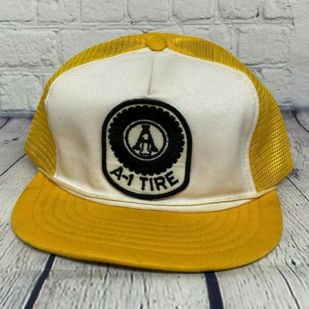 Vintage A1 Tires Trucker Hat Mesh Rope Cap Snapback Embroidered Patch Yellow